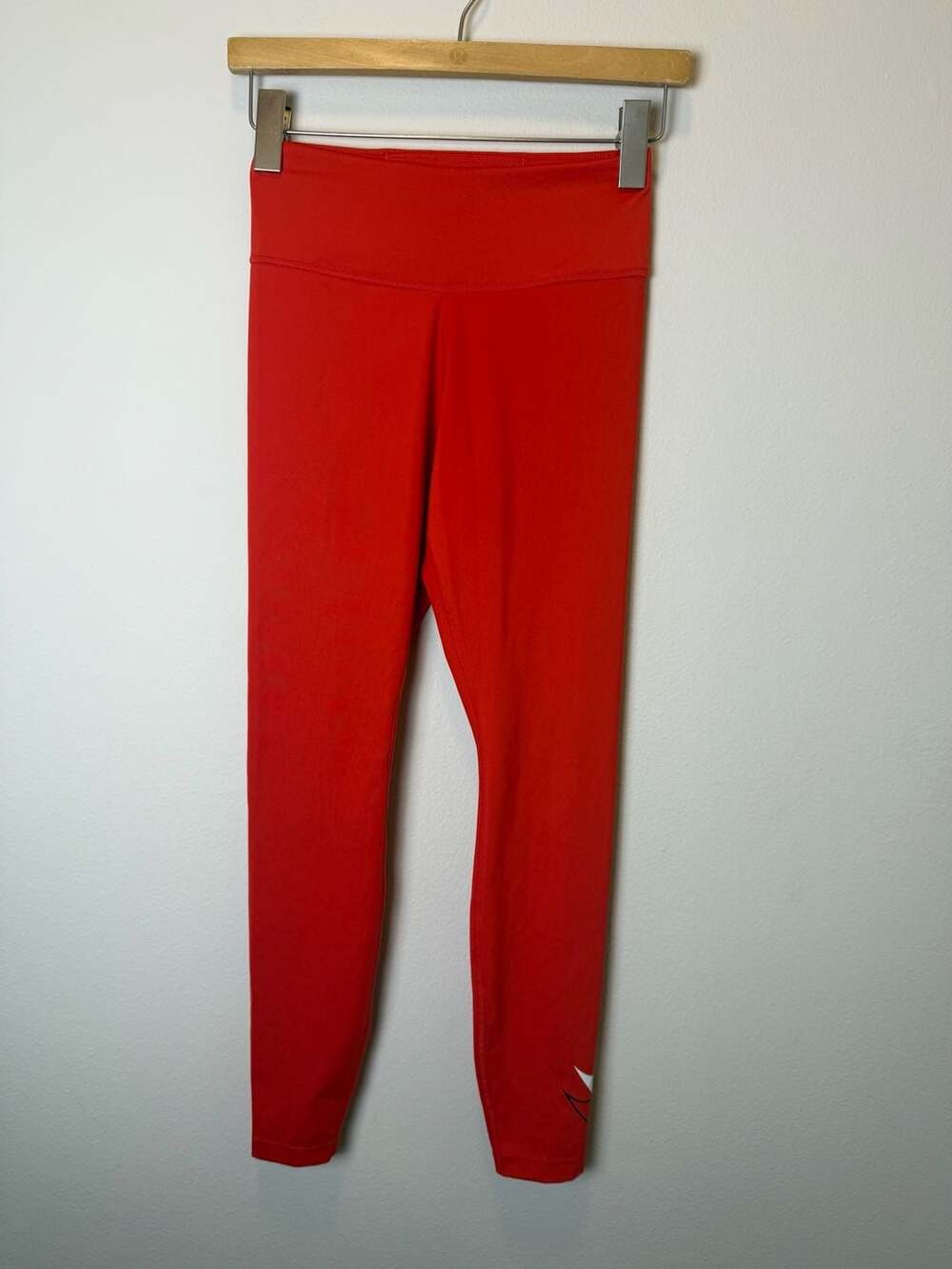 Nike Dri-FIT Red Leggings with White and Black Swoosh Ankle Graphic